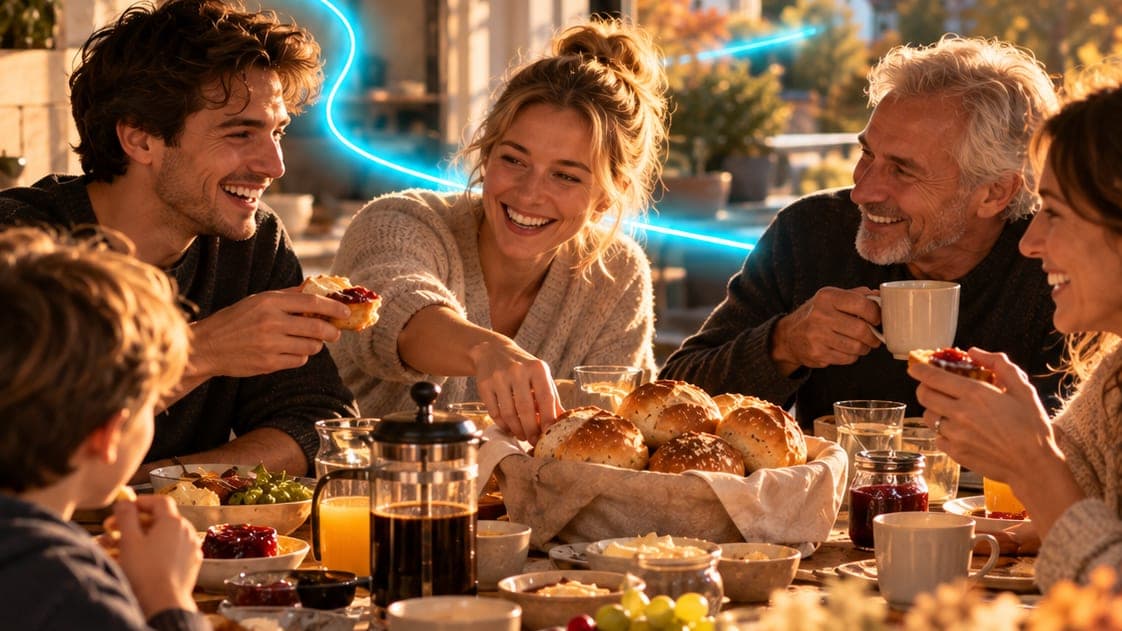 Familie am Frühstückstisch mit einem Korb Brötchen, durch das Fenster ein Dorf mit Kirchturm, eine leuchtende Glasfaser-Linie zieht durch den Raum