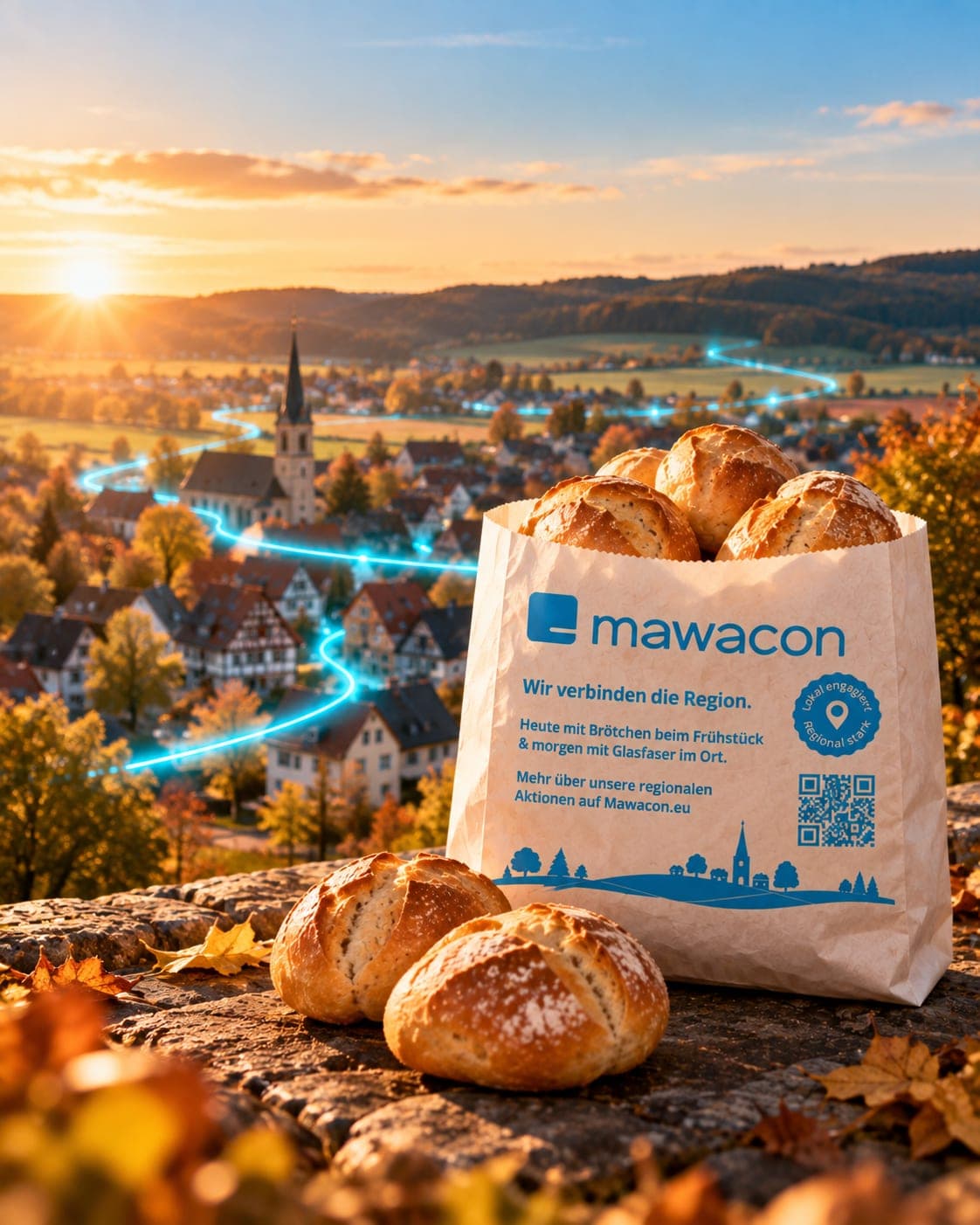 Papiertüte mit Brötchen auf einer Mauer über einem Dorf im Herbst, eine leuchtende Glasfaser-Linie zieht durch das Tal. Aufdruck: mawacon. Wir verbinden die Region. Heute mit Brötchen beim Frühstück und morgen mit Glasfaser im Ort. Mehr über unsere regionalen Aktionen auf Mawacon.eu