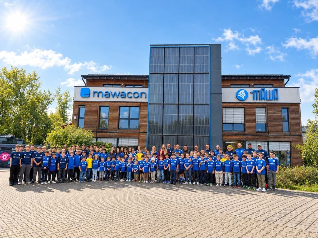 Jugend- und Erwachsenenmannschaften des TSG Eisenberg in blauen Trikots vor dem Mawacon-Gebäude in Eisenberg