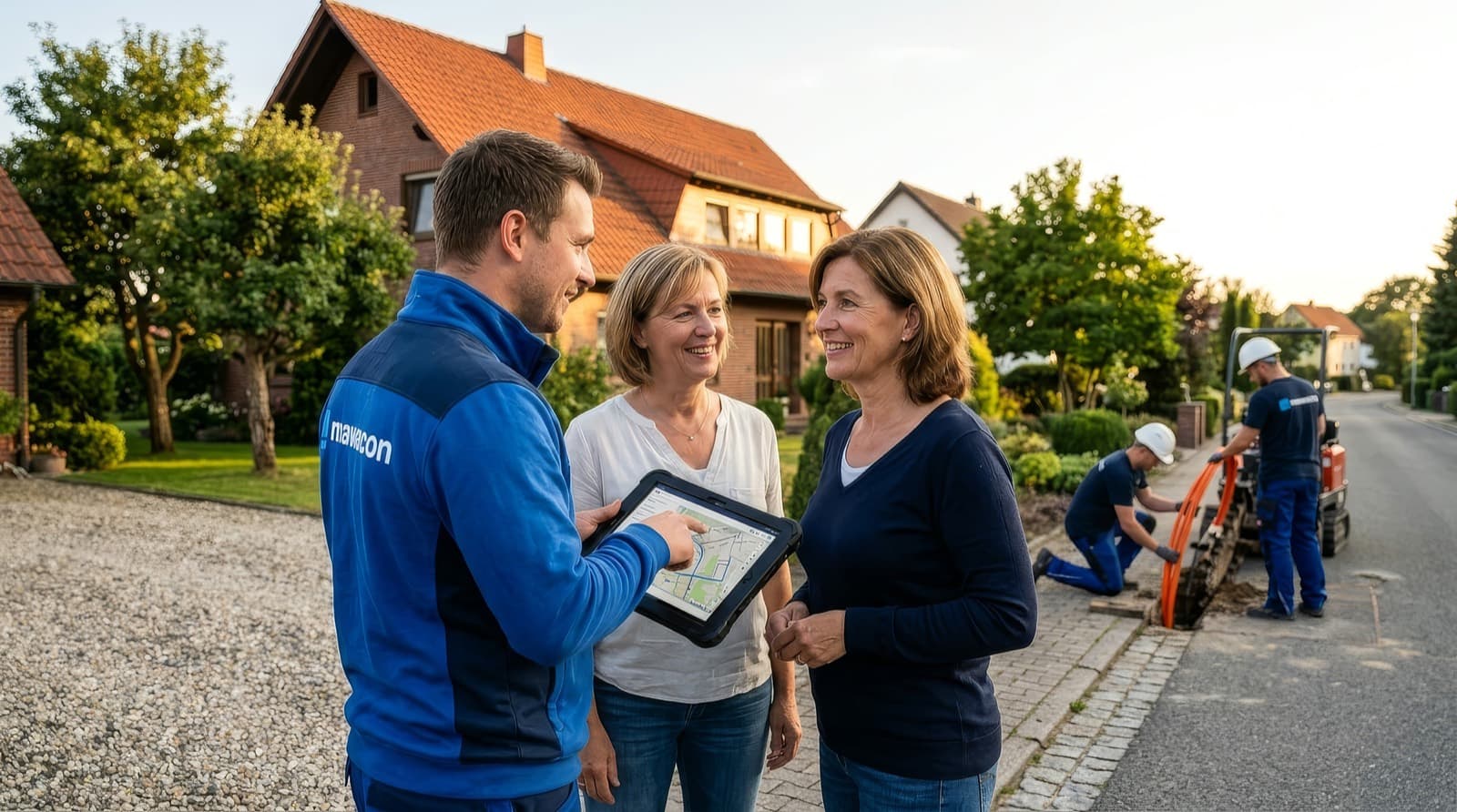 Mawacon-Kundenberater zeigt zwei Anwohnerinnen den Ausbauplan auf dem Tablet, während der Bautrupp im Hintergrund Glasfaser verlegt